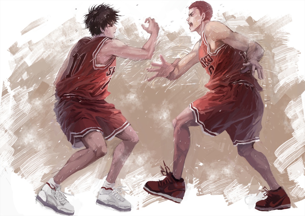 all_male, ana_bi, black_hair, hanamichi_sakuragi, male, red_hair, rukawa_kaede, short_hair