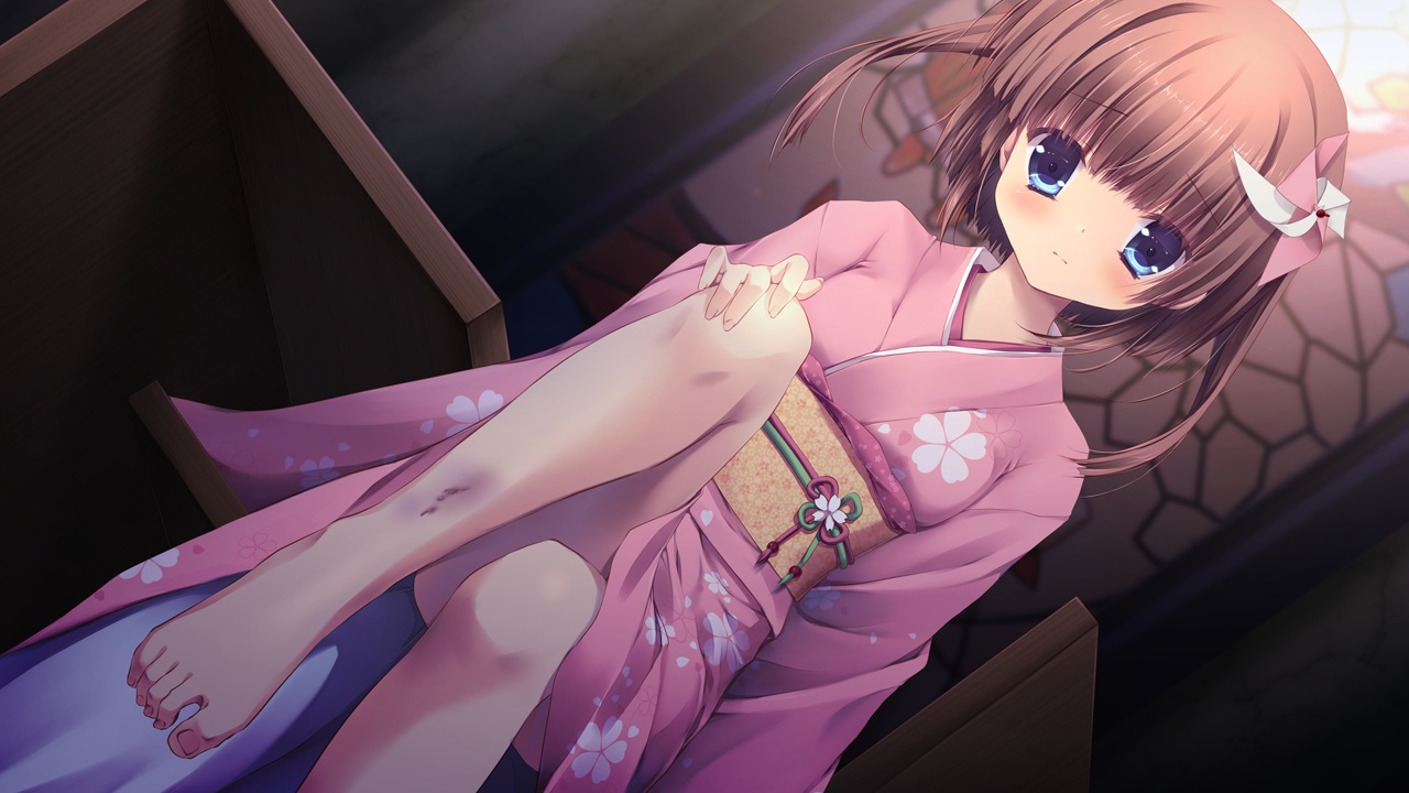 aqua_eyes, barefoot, brown_hair, game_cg, izayoi_no_fortuna, japanese_clothes, kujou_otome, lapis_lazuli_(company), miyasaka_miyu, short_hair, yukata