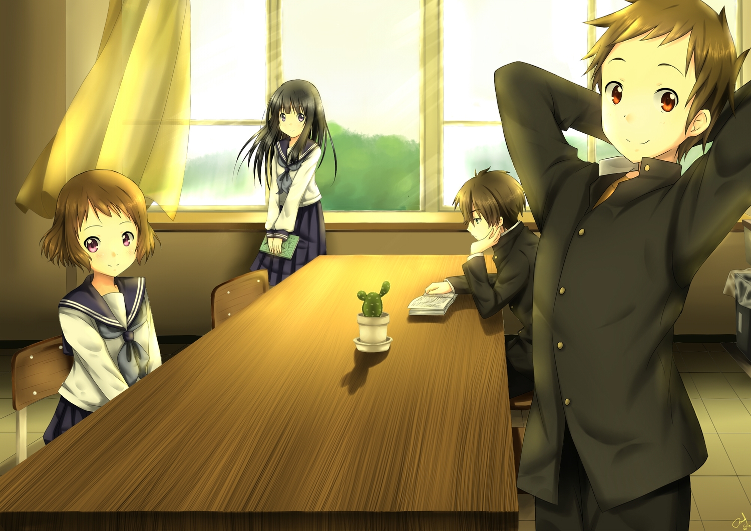 black_hair, brown_hair, chitanda_eru, fukube_satoshi, group, hikariin25, hyouka, ibara_mayaka, long_hair, male, oreki_houtarou, purple_eyes, school_uniform, short_hair
