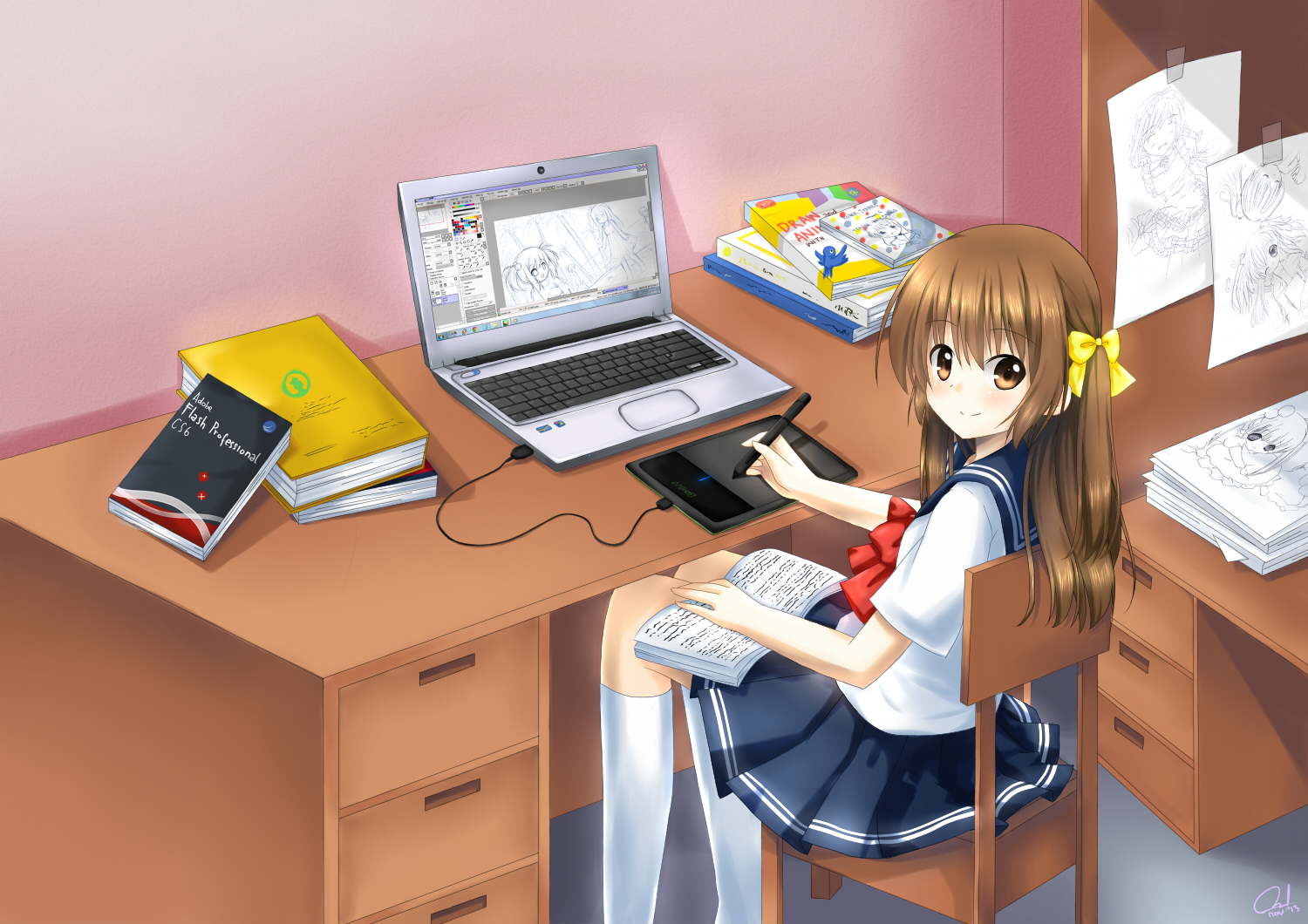 book, bow, brown_eyes, brown_hair, computer, hikariin25, kneehighs, long_hair, original, school_uniform