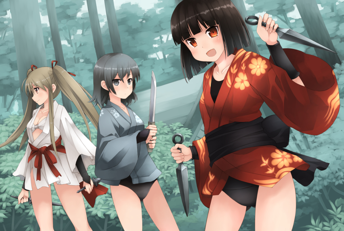 akemiho_tabi_nikki, black_hair, blonde_hair, blush, fukube_fuuna, fukube_tamaki, japanese_clothes, knife