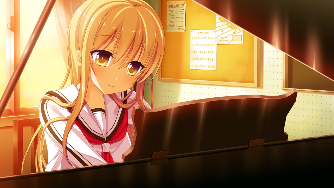 blonde_hair, futaba_hisui, game_cg, ichiban_janakya_dame_desu_ka?, instrument, long_hair, nanase_meruchi, piano, rosebleu, school_uniform, yellow_eyes