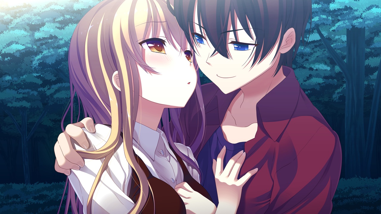 blonde_hair, blue_eyes, brown_hair, futaba_hisui, futaba_shou, game_cg, ichiban_janakya_dame_desu_ka?, long_hair, male, nanase_meruchi, rosebleu, short_hair, tree, yellow_eyes