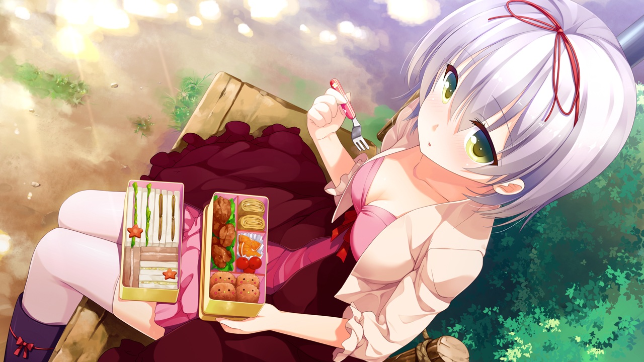 breasts, cleavage, dress, food, game_cg, green_eyes, ichiban_janakya_dame_desu_ka?, nanase_meruchi