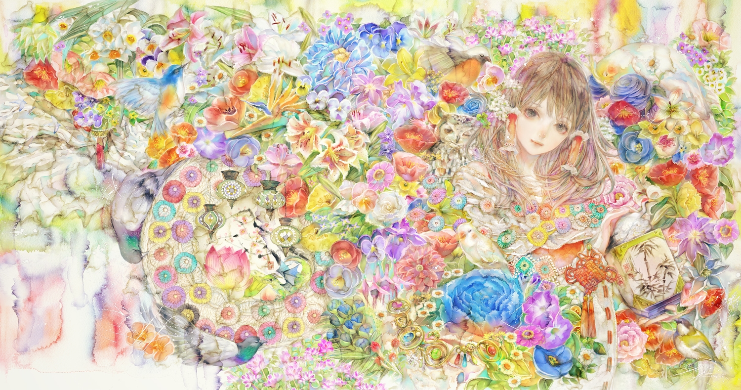 animal, bird, book, brown_hair, flowers, gray_eyes, hakurei_reimu, touhou