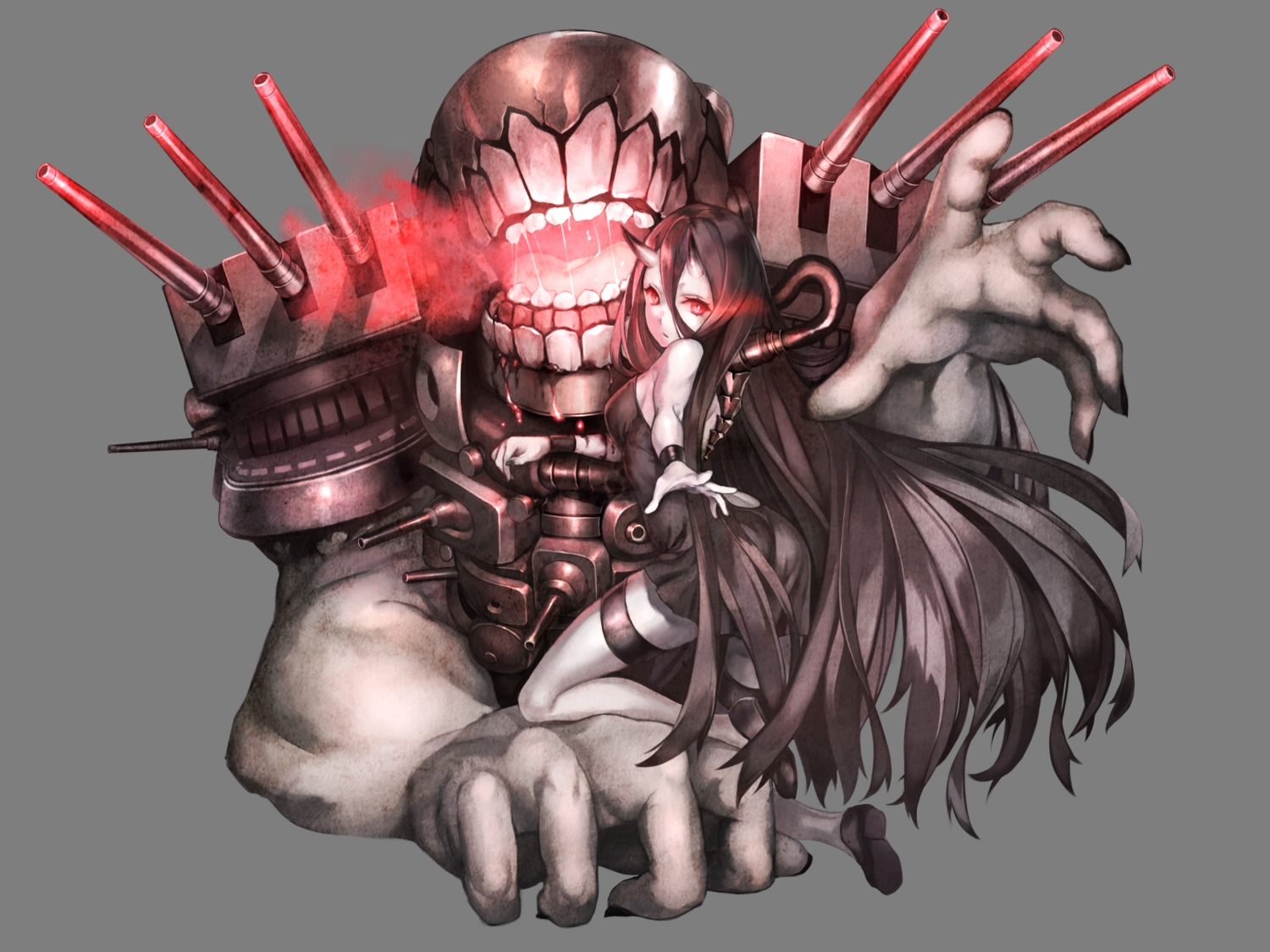 anthropomorphism, battleship_hime, black_hair, dress, horns, kantai_collection, long_hair, nakasaki_hydra