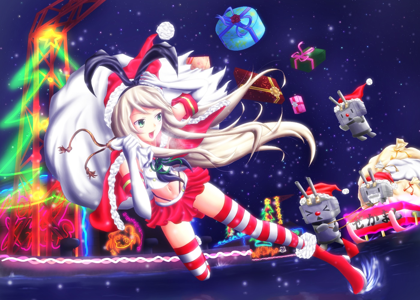 anthropomorphism, blonde_hair, boots, cape, christmas, elbow_gloves, error_musume_(kancolle), gloves, green_eyes, hat, headband, kantai_collection, long_hair, matatabi_(skunim01), naka_(kancolle), navel, rensouhou-chan, santa_costume, santa_hat, shimakaze_(kancolle), skirt, snow, thighhighs