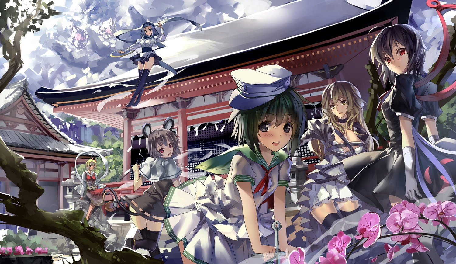 animal_ears, black_eyes, black_hair, blonde_hair, blue_eyes, blue_hair, blush, breasts, building, cleavage, dress, elbow_gloves, flowers, gloves, green_hair, group, hat, hijiri_byakuren, houjuu_nue, kumoi_ichirin, long_hair, miyazaki_byou, mousegirl, murasa_minamitsu, nazrin, red_eyes, short_hair, skirt, tail, thighhighs, toramaru_shou, touhou, tree, unzan, wings, yellow_eyes, zettai_ryouiki