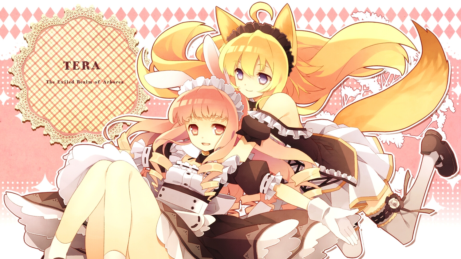 2girls, animal_ears, blonde_hair, blue_eyes, gloves, headdress, long_hair, maid, mugura, pink_eyes, pink_hair, stockings, tail, tera_online, thighhighs