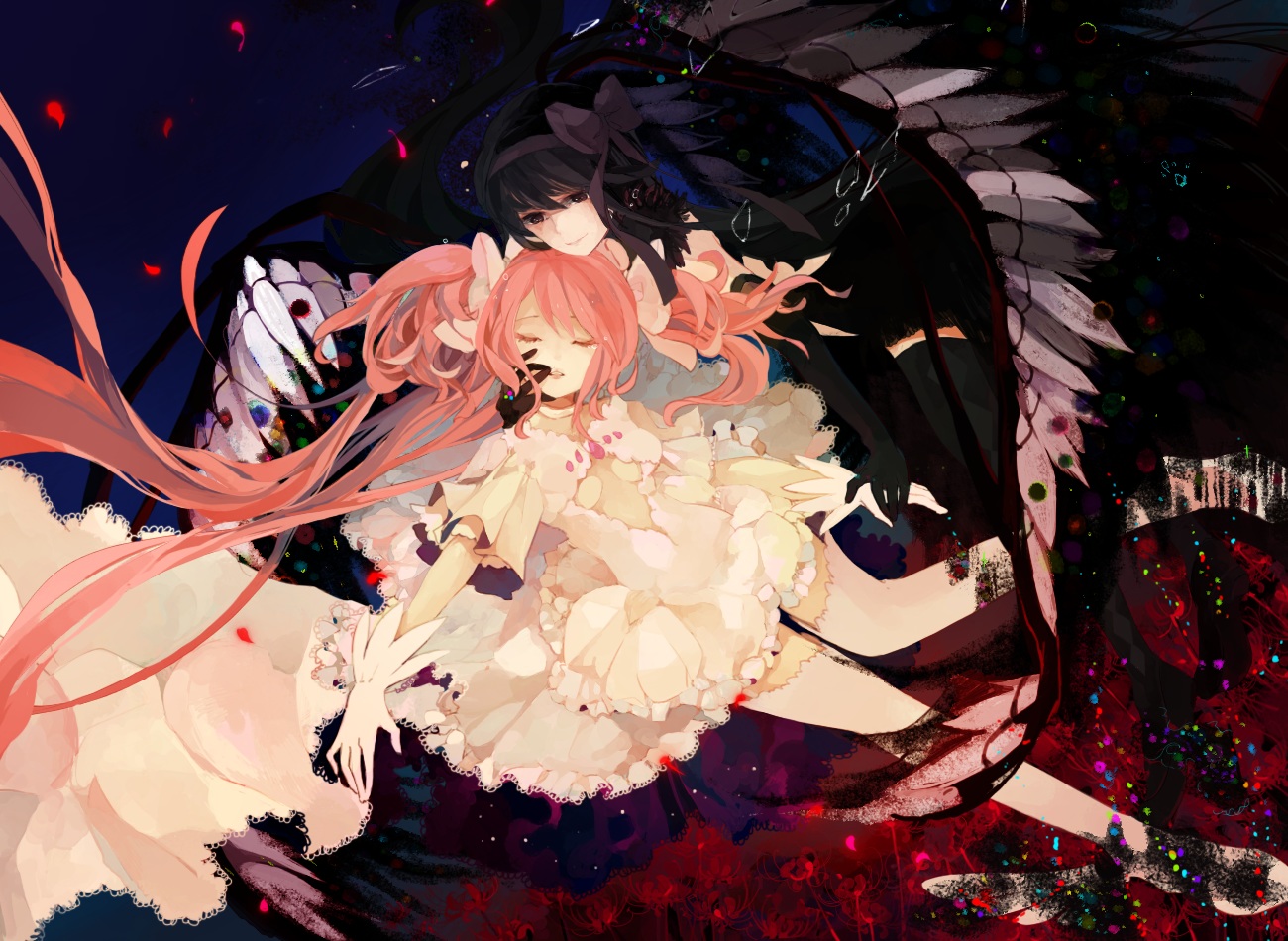 2girls, akemi_homura, akuma_homura, black_eyes, black_hair, bow, dress, elbow_gloves, gloves, kaname_madoka, long_hair, mahou_shoujo_madoka_magica, petals, pink_hair, shiyoko_(syokorate), thighhighs, twintails, ultimate_madoka, wings