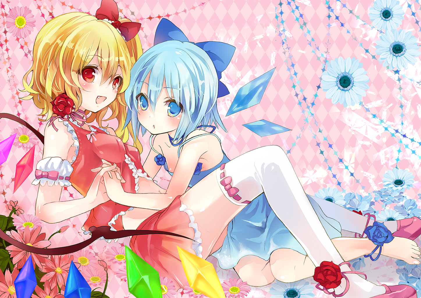 2girls, aqua_eyes, aqua_hair, barefoot, blonde_hair, bow, cirno, dress