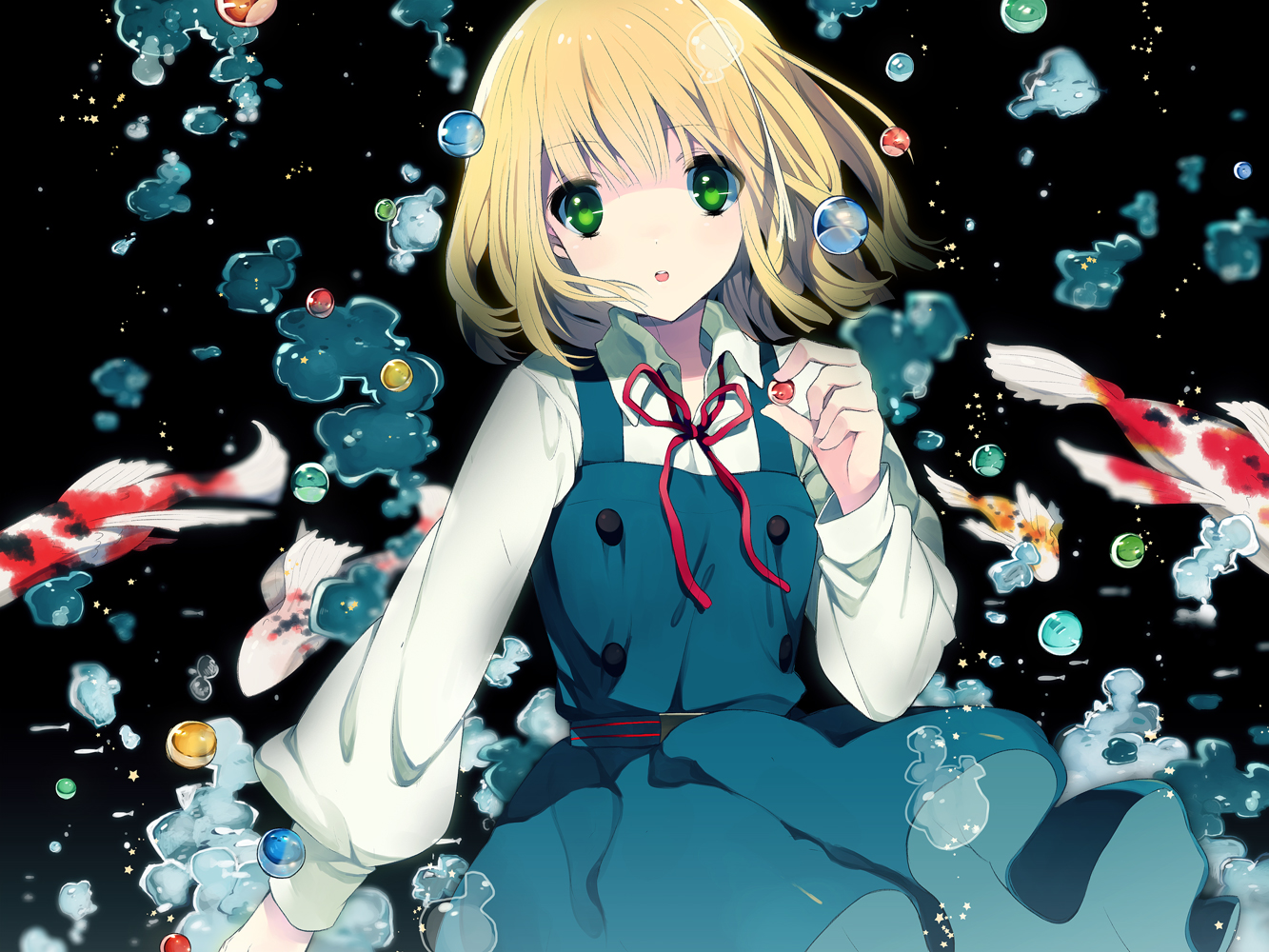 animal, blonde_hair, bubbles, fish, green_eyes, ribbons, rugo, school_uniform
