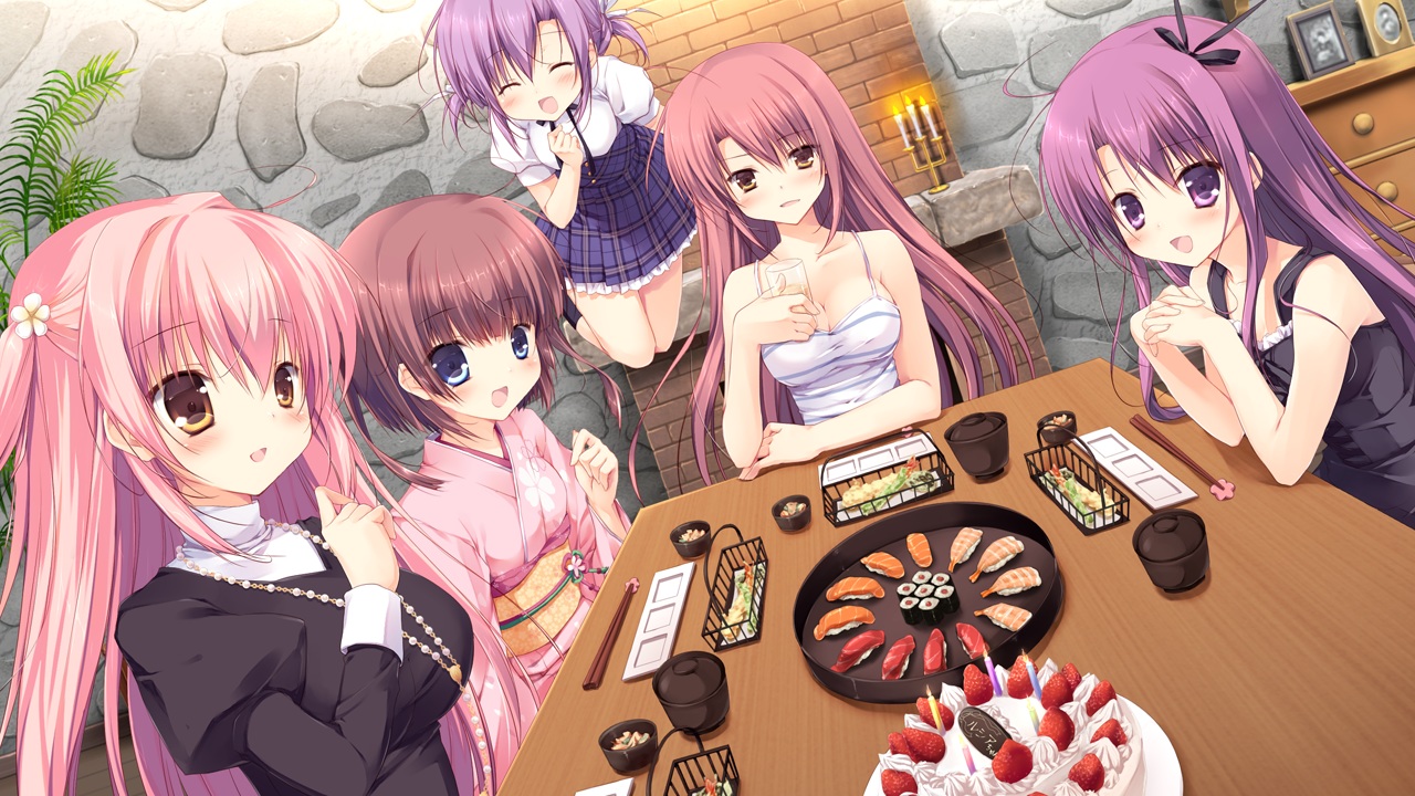 blue_eyes, breasts, brown_hair, cake, cleavage, food, fuyutsuki_kona, fuyutsuki_shigure