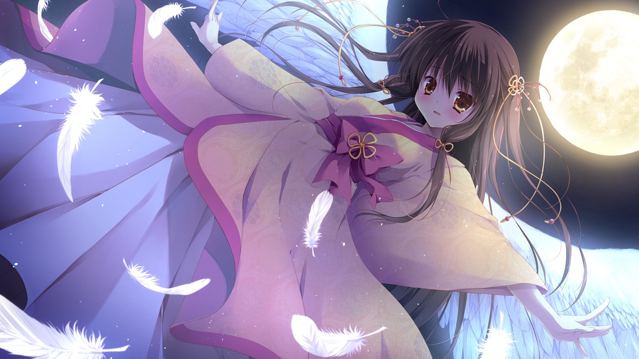 brown_eyes, brown_hair, feathers, game_cg, izayoi_no_fortuna, japanese_clothes, lapis_lazuli_(company), long_hair