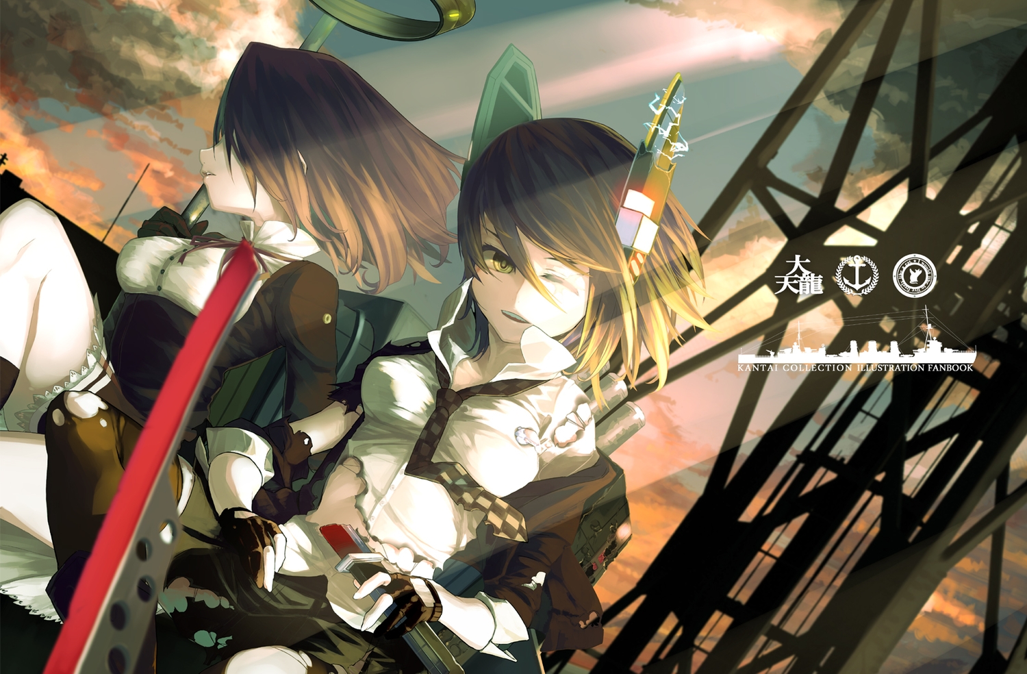 2girls, anthropomorphism, blonde_hair, brown_hair, dress, gloves, halo, kantai_collection