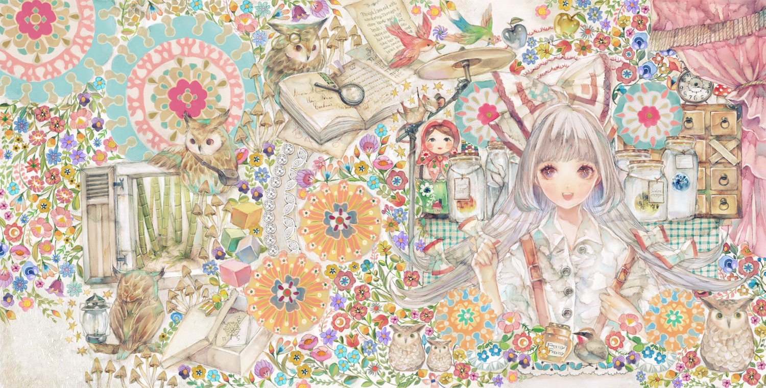 animal, apple, bird, book, bow, doll, flowers, food