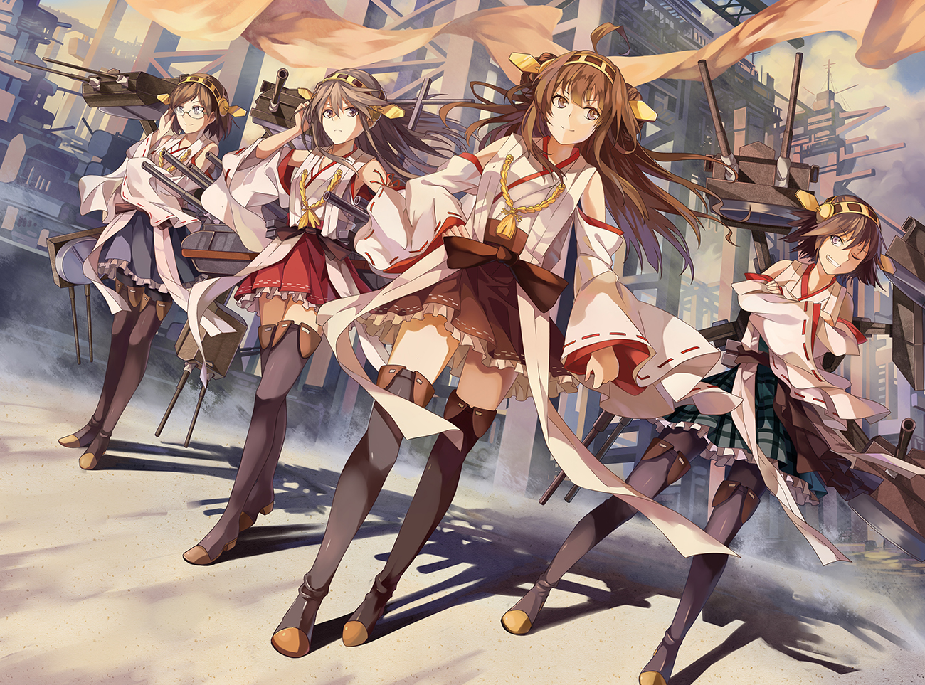 anthropomorphism, boots, bow, brown_eyes, brown_hair, building, glasses, group