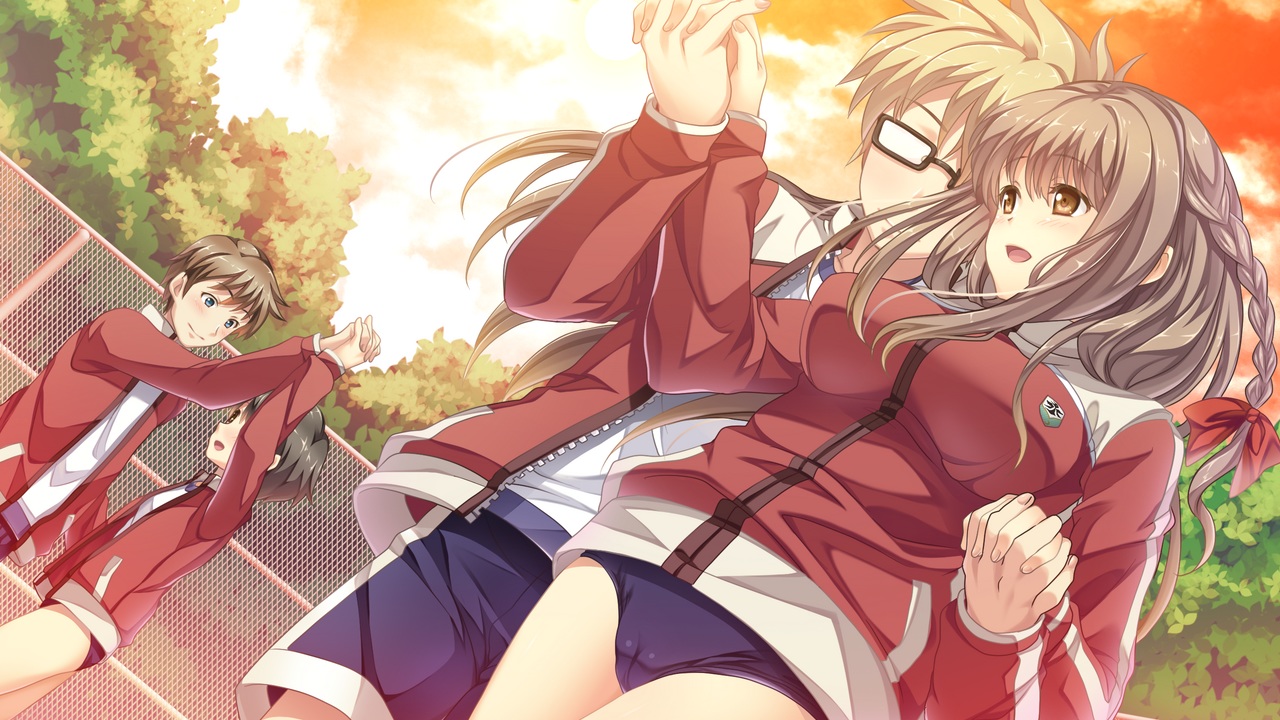 bloomers, bow, braids, brown_eyes, brown_hair, digital_cute, game_cg, glasses, gym_uniform, kouguchi_moto, long_hair, otome_switch, sakuragi_fumika, short_hair