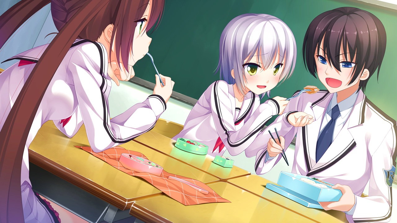 black_hair, blue_eyes, brown_hair, food, futaba_shou, game_cg, green_eyes, ichiban_janakya_dame_desu_ka?