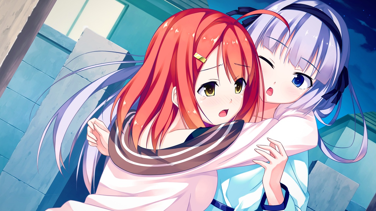 2girls, blush, game_cg, headband, hug, ichiban_janakya_dame_desu_ka?, isawa_hotaru, kinta_(distortion), long_hair, mitsuki_ruri, purple_hair, red_hair, rosebleu, wink, yellow_eyes