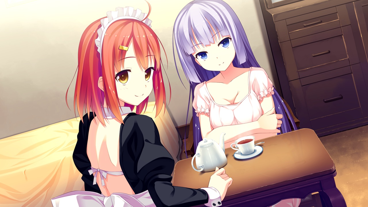 2girls, blue_eyes, drink, game_cg, headdress, ichiban_janakya_dame_desu_ka?, isawa_hotaru, kinta_(distortion)