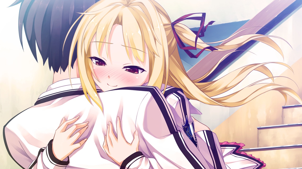 blonde_hair, blush, game_cg, hug, ichiban_janakya_dame_desu_ka?, kinta_(distortion), long_hair, pink_eyes