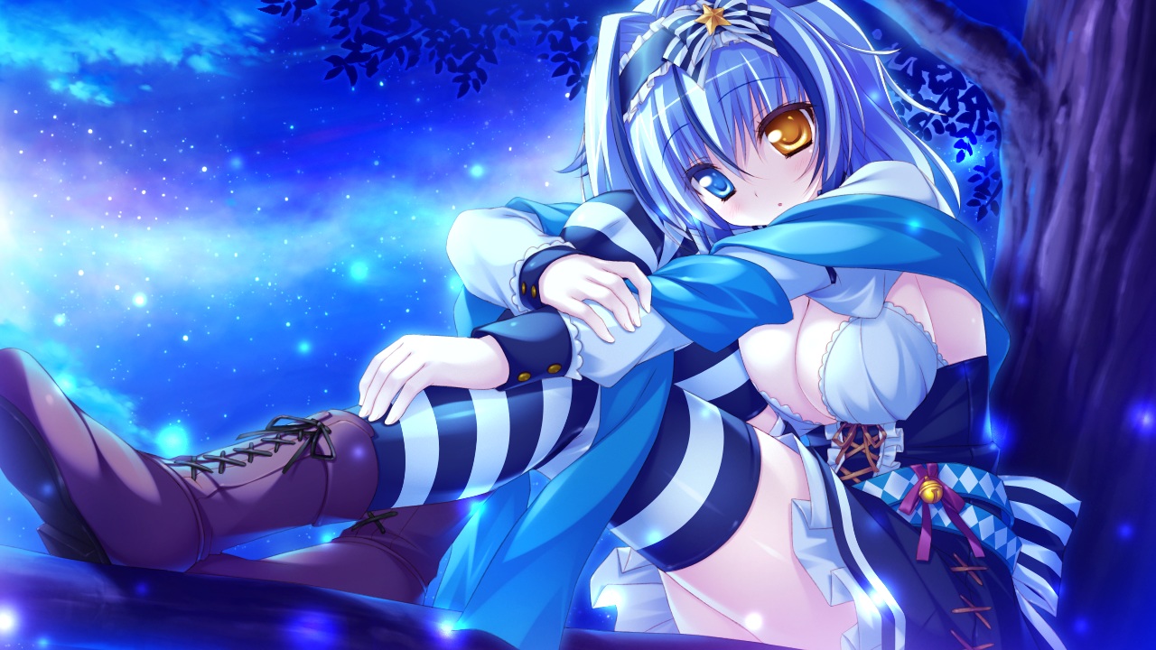 2-g, ai_(amatarasu_riddle_star), amatarasu_riddle_star, bicolored_eyes, blue_hair, boots, breasts, cleavage, game_cg, headband, seal-qualia, short_hair, thighhighs