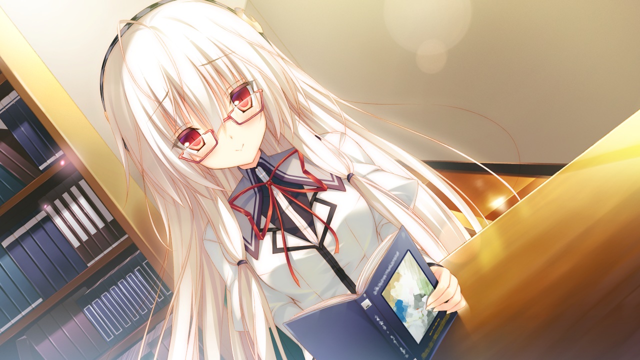 amatarasu_riddle_star, ani, book, game_cg, glasses, headband, long_hair, red_eyes