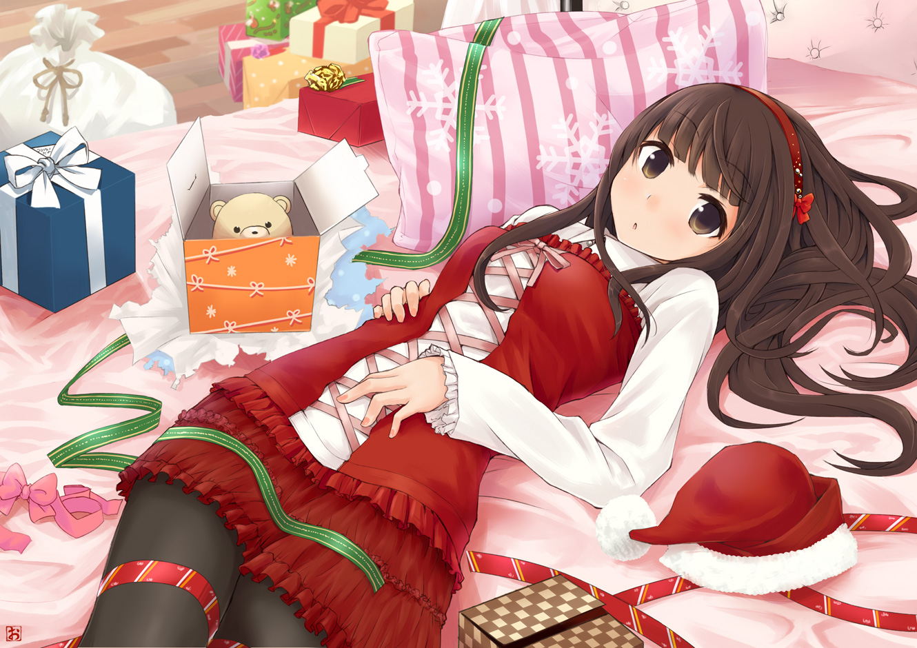 brown_eyes, brown_hair, christmas, hat, headband, long_hair, okiru, original, pantyhose, santa_hat