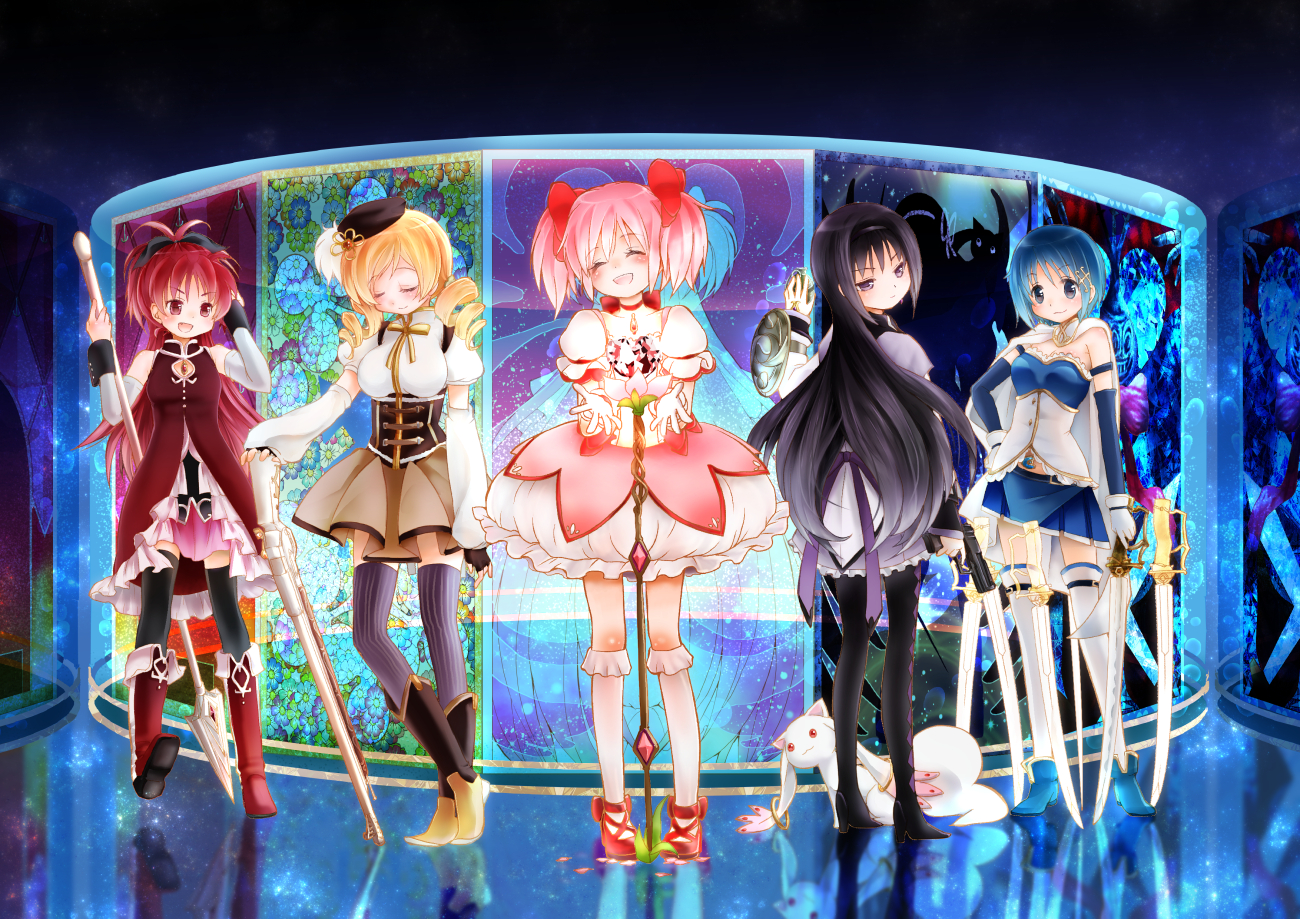 akemi_homura, blonde_hair, blue_eyes, blue_hair, boots, bow, gloves, gun, hat, kaname_madoka, kyuubee, long_hair, mahou_shoujo_madoka_magica, miki_sayaka, oka_(umanihiki), pantyhose, petals, pink_hair, ponytail, purple_eyes, red_eyes, red_hair, ribbons, sakura_kyouko, short_hair, skirt, spear, staff, sword, thighhighs, tomoe_mami, twintails, weapon, zettai_ryouiki