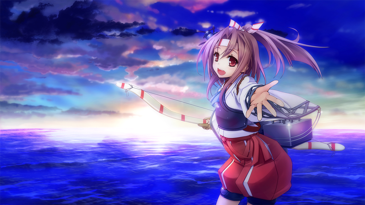 anthropomorphism, bow_(weapon), brown_hair, clouds, headband, japanese_clothes, kantai_collection, long_hair
