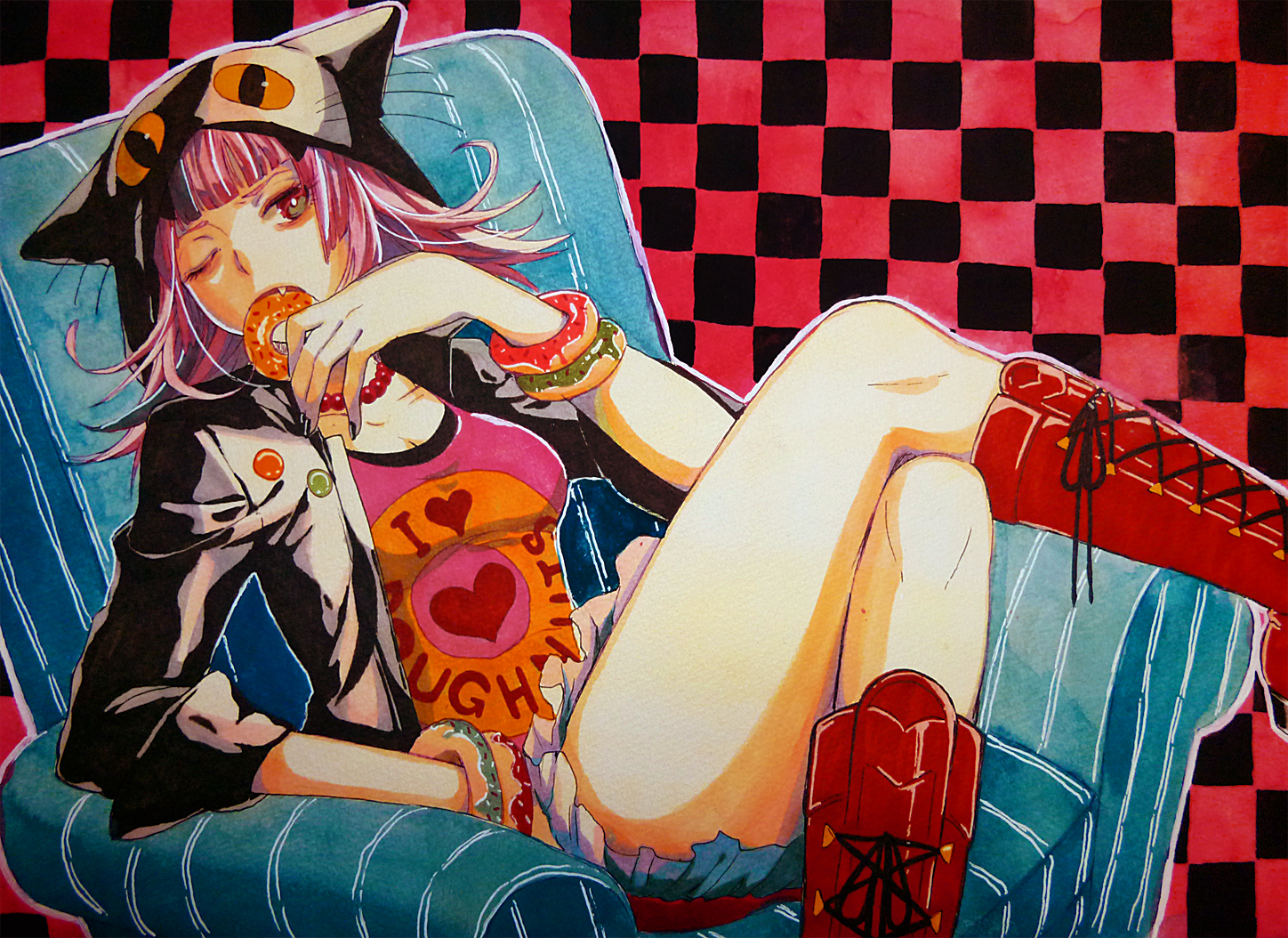 778-go, boots, fang, food, hat, original, pink_hair, short_hair
