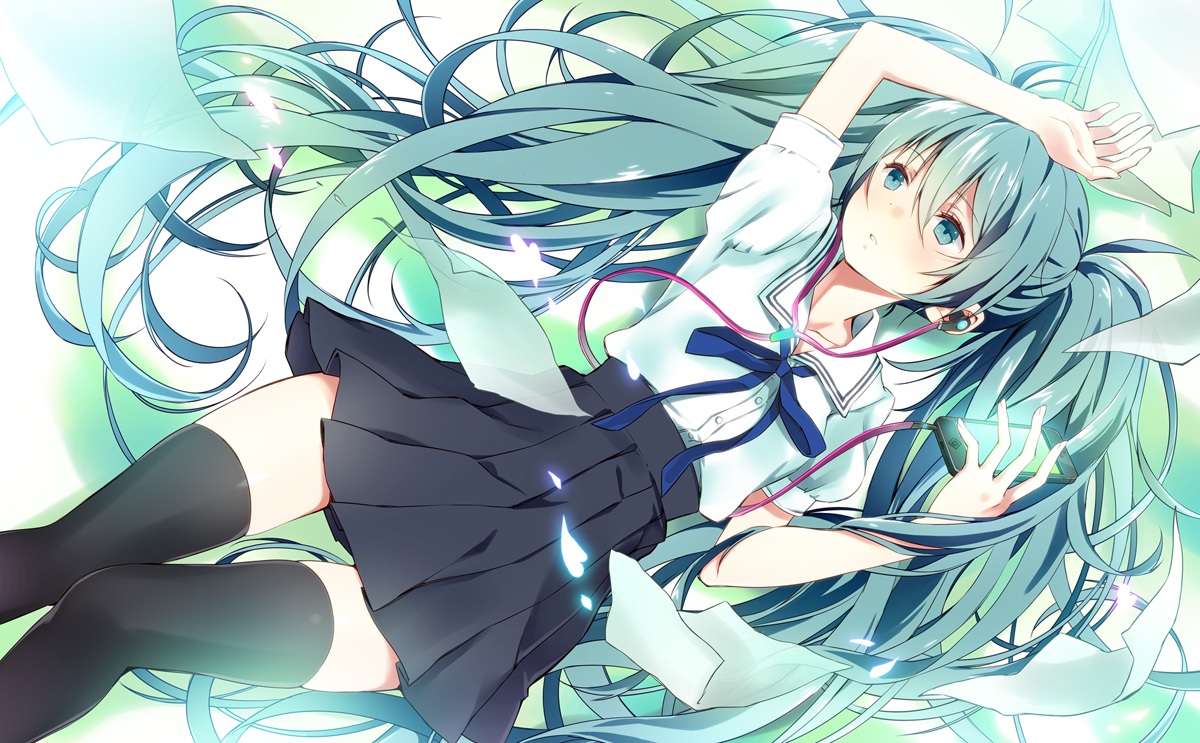 aqua_eyes, aqua_hair, hatsune_miku, long_hair, paper, school_uniform, tagme, thighhighs