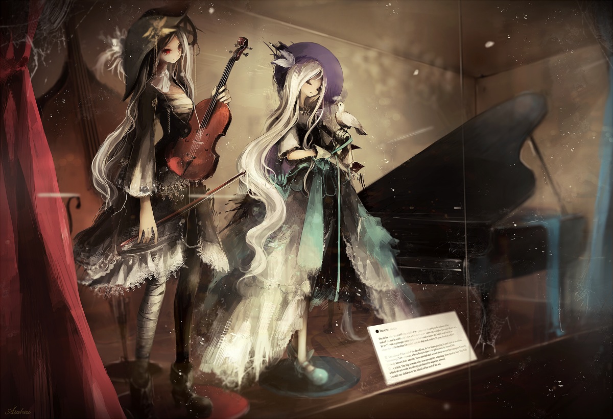 doll, dress, instrument, original, piano, qtonagi, violin, white_hair