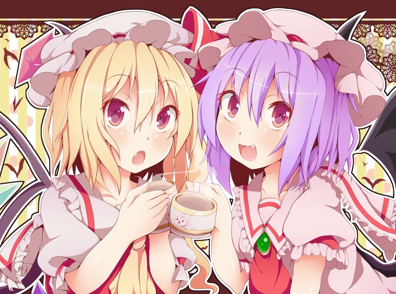 2girls, blonde_hair, fang, flandre_scarlet, hat, kan_lee, purple_hair, red_eyes, remilia_scarlet, short_hair, touhou, vampire, wings