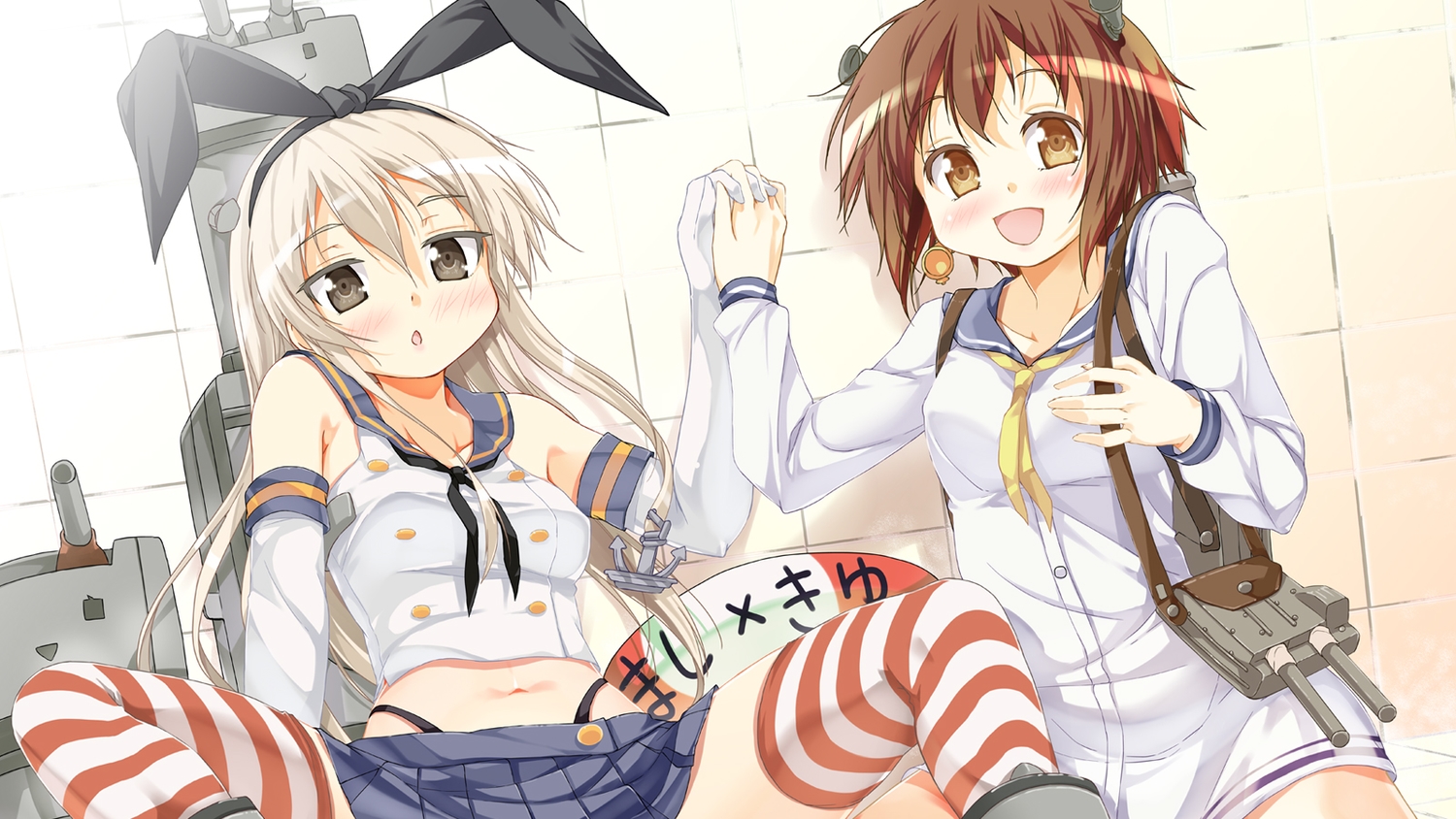 2girls, anthropomorphism, blonde_hair, blush, brown_eyes, brown_hair, elbow_gloves, gloves