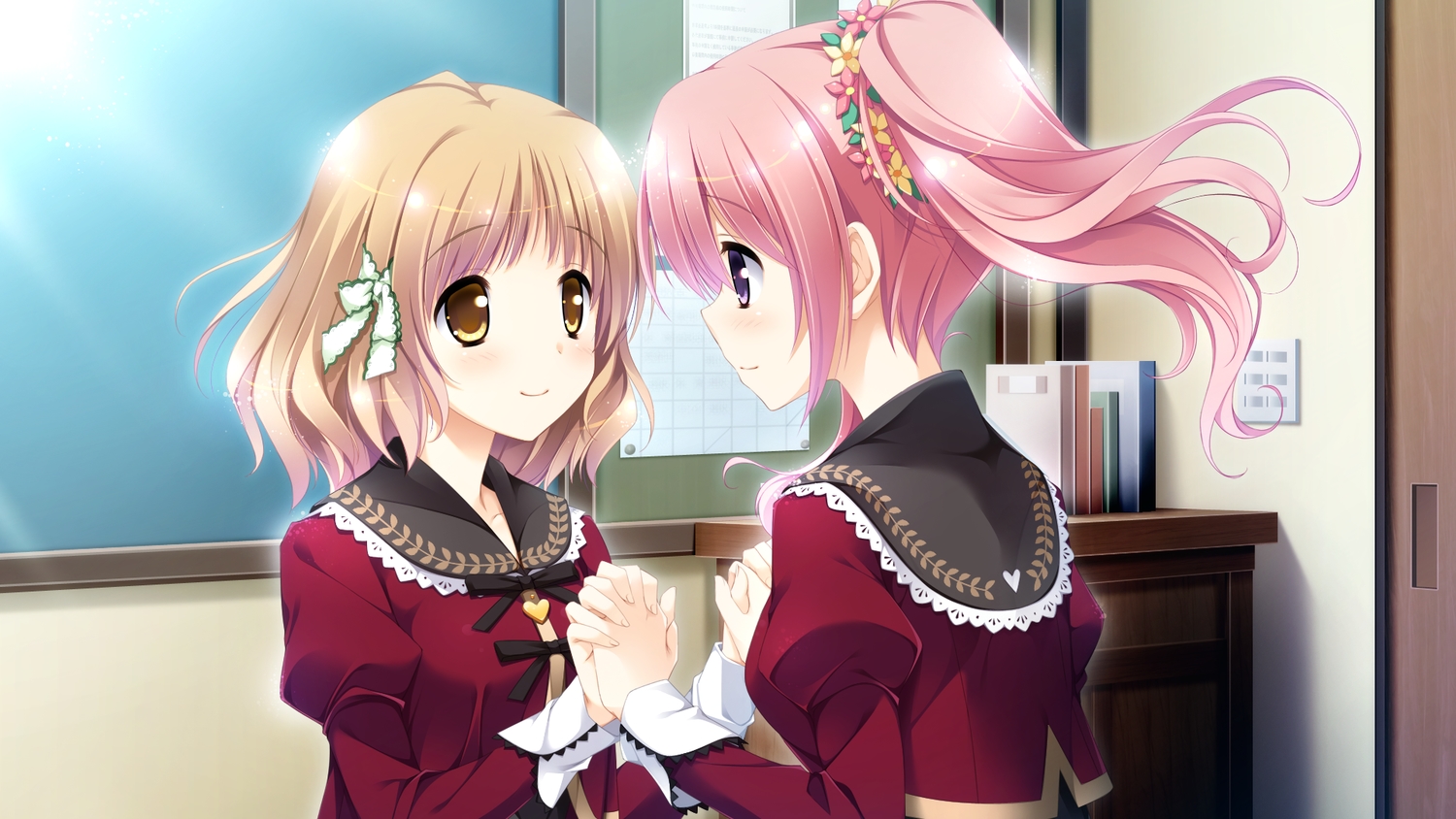 2girls, brown_hair, ensemble_(company), game_cg, kimishima_ao, komine_manami, mahara_yuri, pink_hair