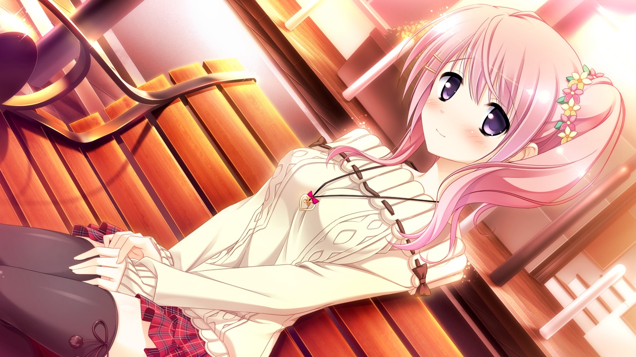 blush, ensemble_(company), game_cg, kimishima_ao, komine_manami, necklace, pink_hair, ponytail, purple_eyes, sakura_mau_otome_no_rondo, short_hair, skirt, thighhighs