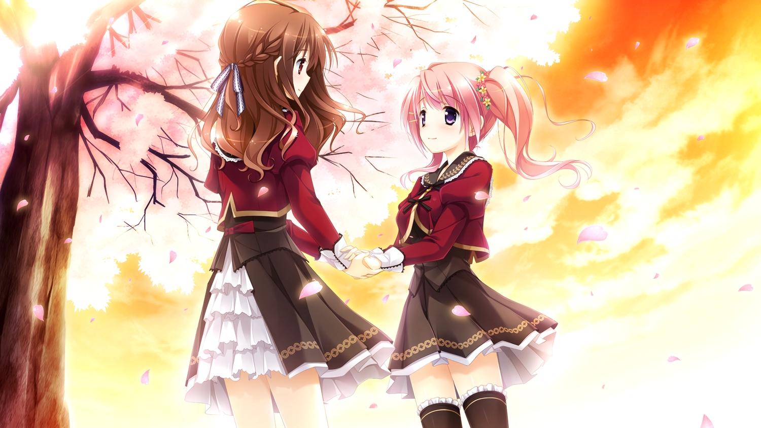 brown_hair, cherry_blossoms, ensemble_(company), flowers, game_cg, kimishima_ao, komine_manami, long_hair, mahara_aoi, male, otoko_no_ko, pink_hair, ponytail, purple_eyes, red_eyes, sakura_mau_otome_no_rondo, school_uniform, thighhighs