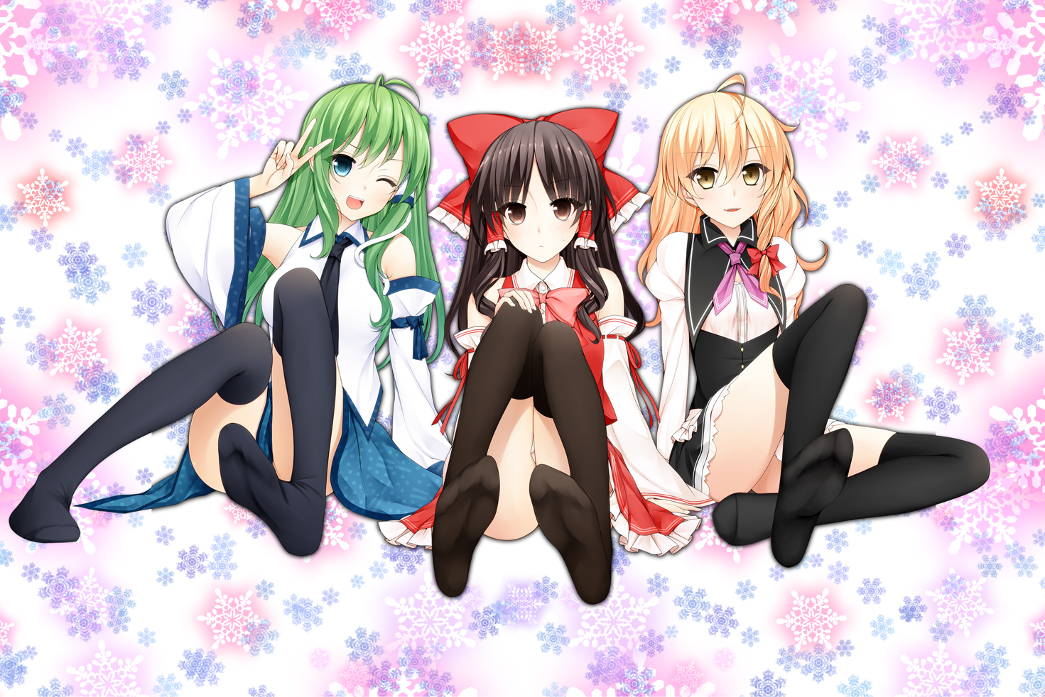 black_hair, blonde_hair, blue_eyes, bow, brown_eyes, green_hair, hakurei_reimu, japanese_clothes