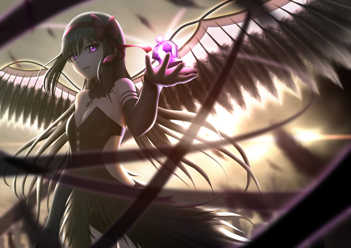 akemi_homura, akuma_homura, black_hair, dress, elbow_gloves, feathers, gloves, headband