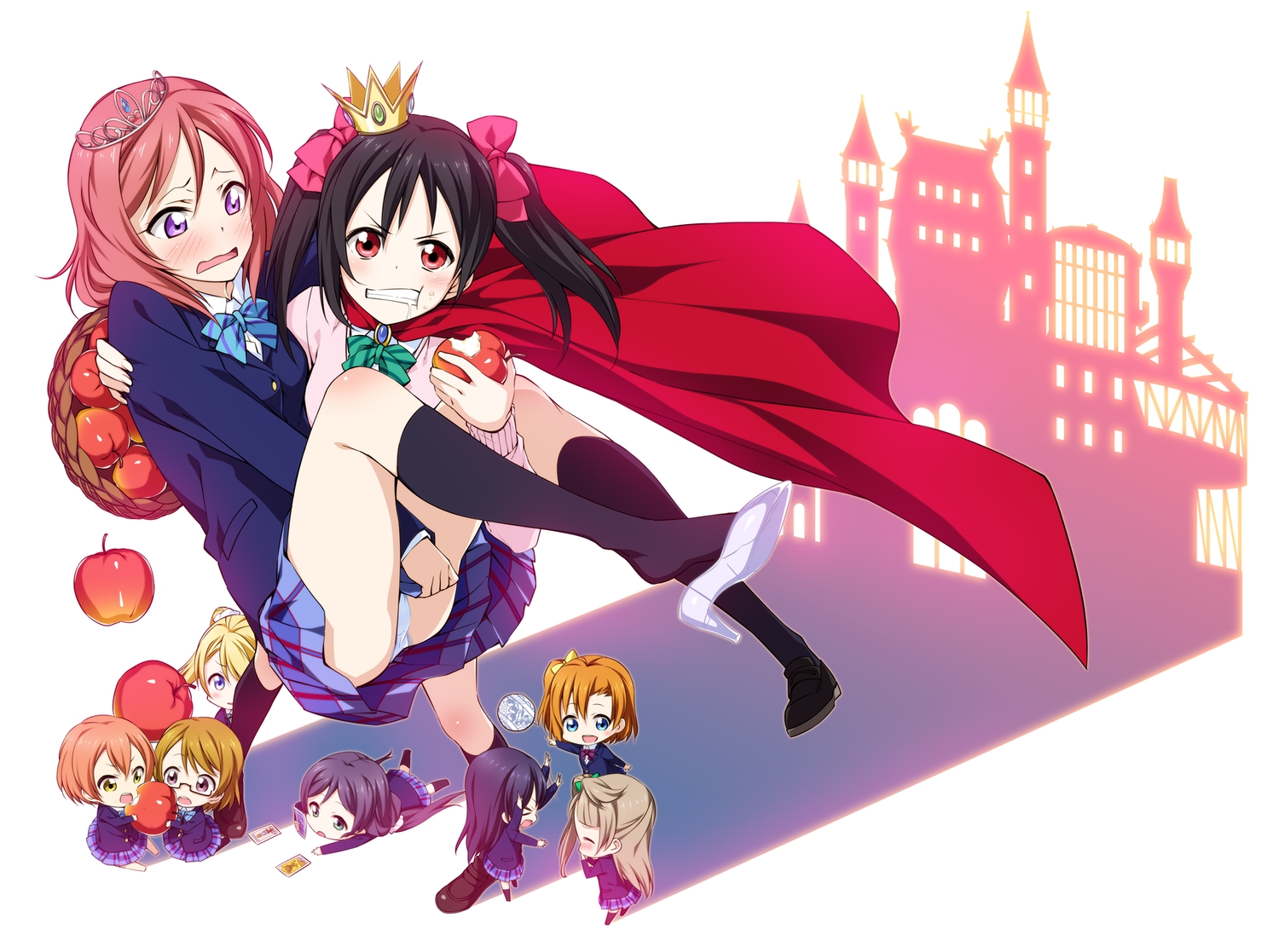 2c=galore, apple, ayase_eri, black_hair, blonde_hair, blue_eyes, blush, brown_hair
