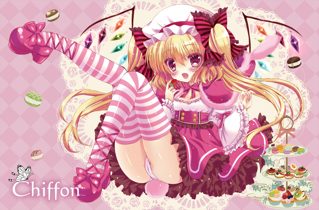 animal_ears, blonde_hair, blush, bow, bunny_ears, cameltoe, fang, flandre_scarlet, food, hat, honoka_(1399871), hood, lolita_fashion, long_hair, panties, tail, thighhighs, touhou, twintails, underwear, vampire, wings