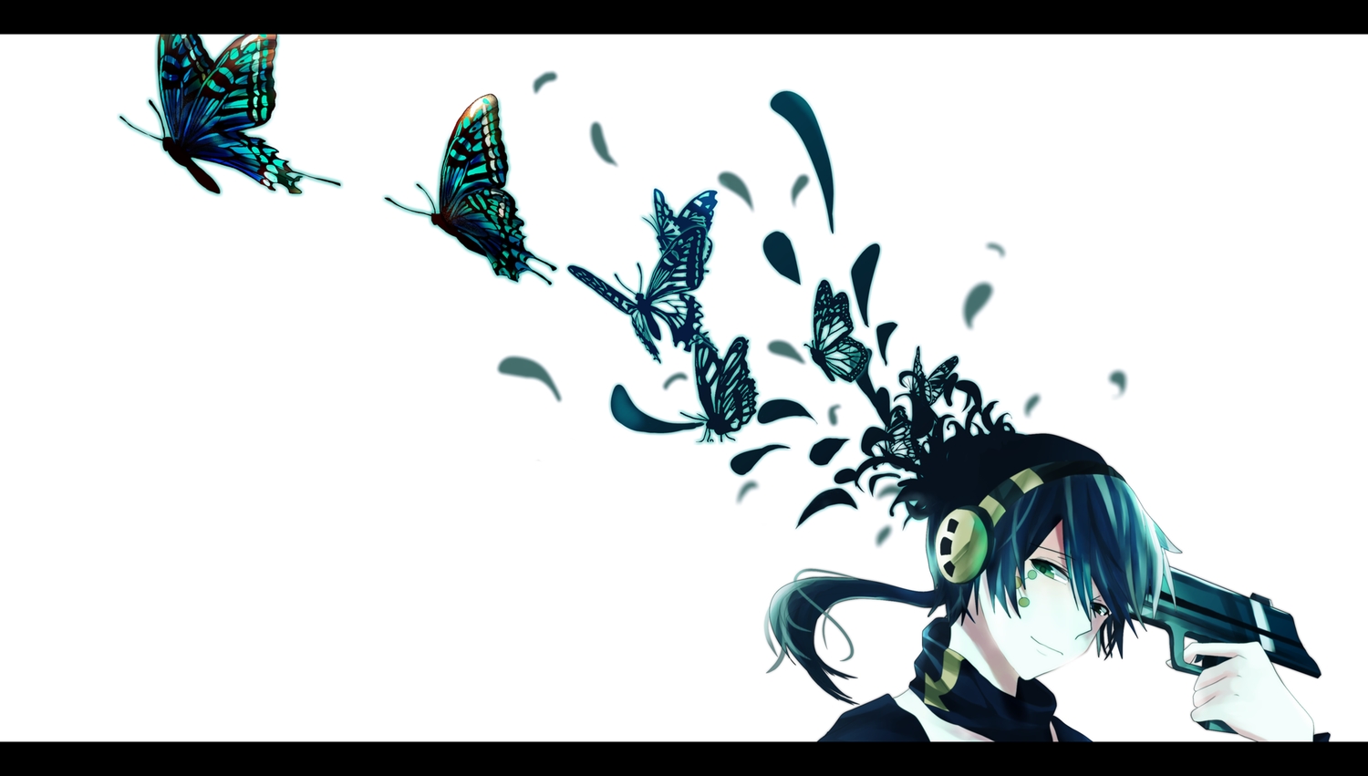 all_male, black_hair, butterfly, green_eyes, gun, headphones, icchan, kagerou_project, konoha_(kagerou_project), male, ponytail, weapon, white
