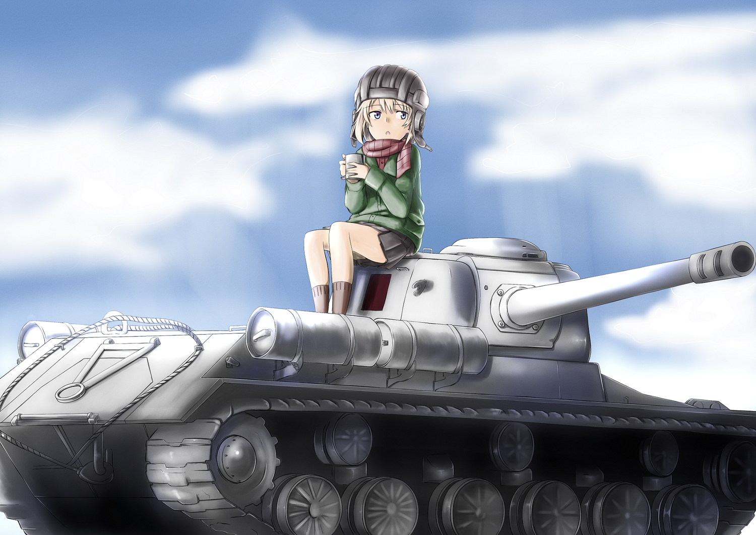 aliasing, blonde_hair, blue_eyes, combat_vehicle, drink, girls_und_panzer, hat, katyusha
