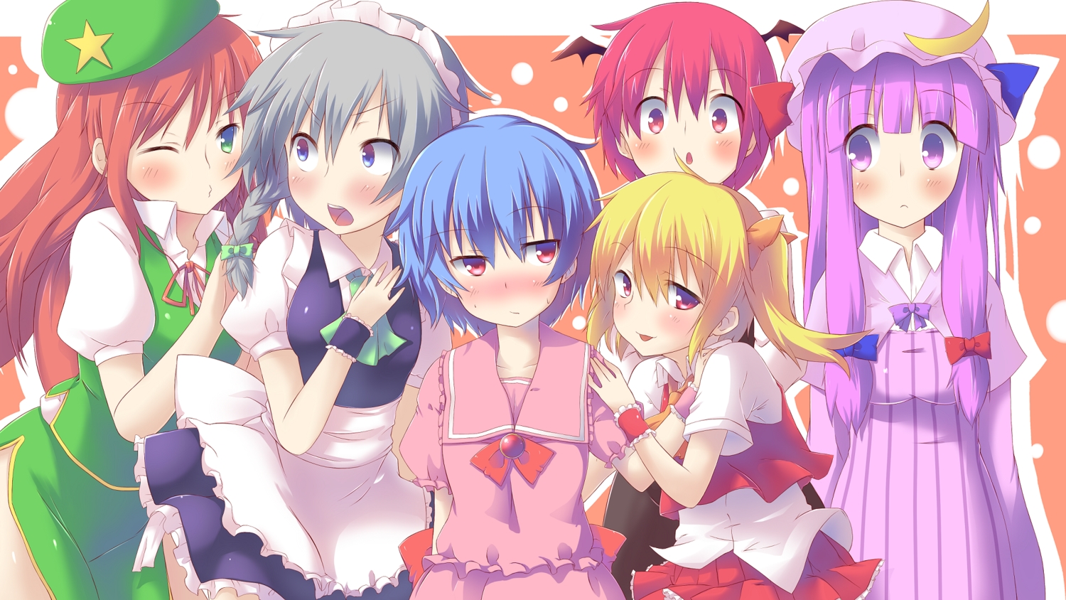 blonde_hair, blue_eyes, blue_hair, blush, demon, flandre_scarlet, gray_hair, group, hat, headband, hong_meiling, izayoi_sakuya, koakuma, long_hair, maid, patchouli_knowledge, purple_eyes, purple_hair, red_eyes, red_hair, remilia_scarlet, ribbons, short_hair, spirytus_tarou, touhou, twintails, vampire, wink