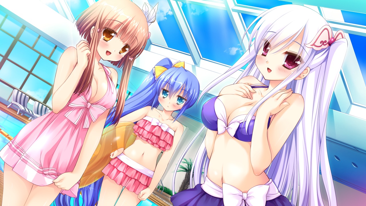 akechi_hikari, bikini, blue_eyes, blue_hair, breasts, brown_hair, cleavage, game_cg
