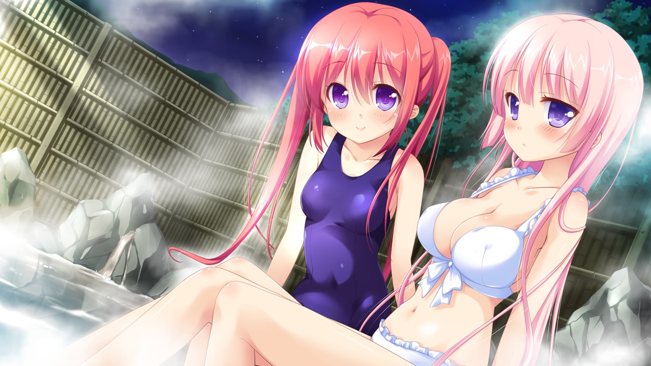 2girls, bikini, game_cg, hhg_megami_no_shuuen, kirimiya_sally, long_hair, nanase_meruchi, navel