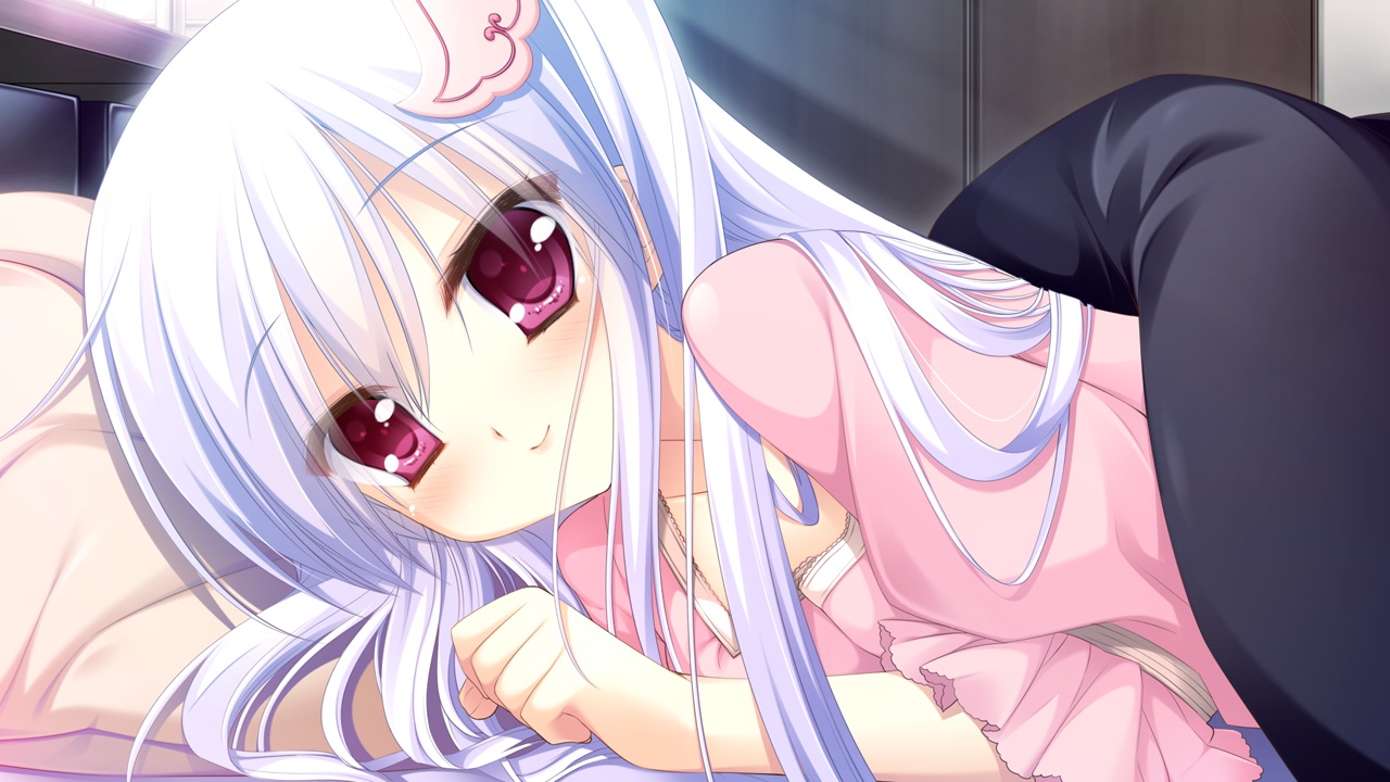 akechi_hikari, game_cg, hhg_megami_no_shuuen, long_hair, miyasu_risa, pajamas, purple_eyes, white_hair