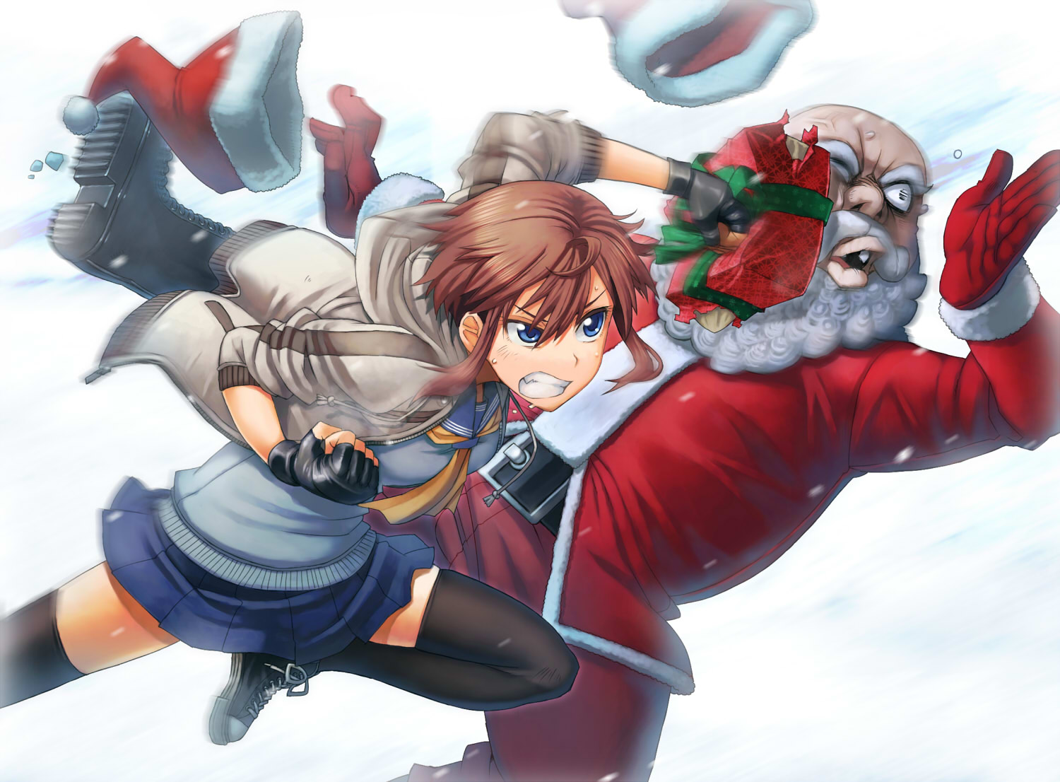 blue_eyes, boots, brown_hair, christmas, gloves, hat, itou_(onsoku_tassha), jpeg_artifacts